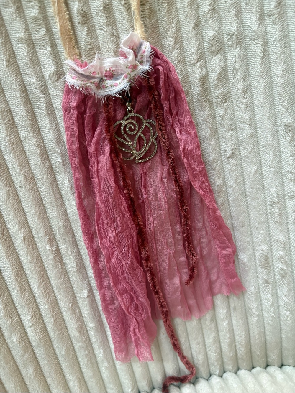 Handmade Pink Jabot Neck Adornment with Rose Pendant